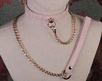 Vegan leather pink choker collar and leash chain set/Pink leather choker necklace and for women/Daddy&#39;s girl collar/Kittenplay collar-Mature