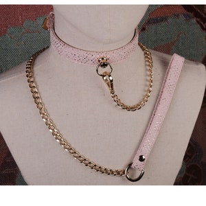 Vegan leather pink choker collar and leash chain set/Pink leather choker necklace and for women/Daddy&#39;s girl collar/Kittenplay collar-Mature