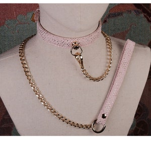 Vegan leather pink choker collar and leash chain set/Pink leather choker necklace and o-ring for women/Daddy's girl collar/Kittenplay collar