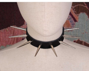 Soft leather spiked choker collar/long spike choker/spiked collar/spiked necklace/cowhide punk choker/big spikes collar/day collar-Mature