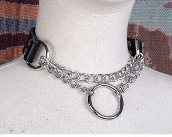 Leather choker with O-ring/stainless steel collar O ring/women chain choker/martingale collar/kitty collar/punk choker/gothic choker-Mature
