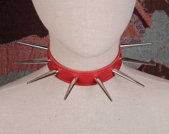 Red leather spiked choker collar sub/long spike choker/punk choker/big spike collar/men spike necklace/red studed collar/goth studed choker