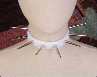 White leather spiked choker collar/long spike choker/punk choker/big spike collar/men spike necklace/goth studed choker/day collar discreet