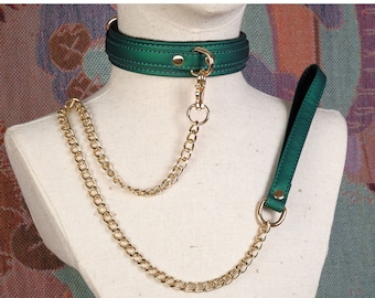 Collar y correa verde para mujer sumiso/gargantilla de cuero/collar de día sumiso discreto/collar BDSM vegano/collar para juegos de mascotas/collar de sumisión esclava - Madura