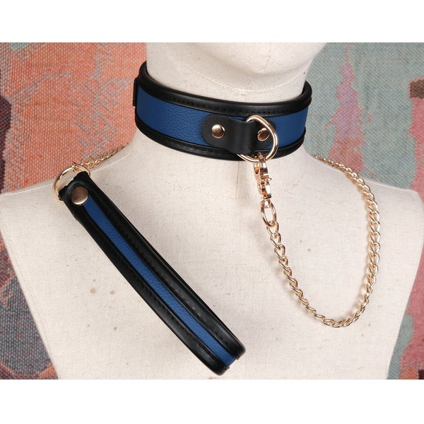 Blue collar and leash for woman/Sub collar sub/Real leather collar men/Slave collar/Day collar sub/BDSM Collar and Chain/Petplay collar/DDLG