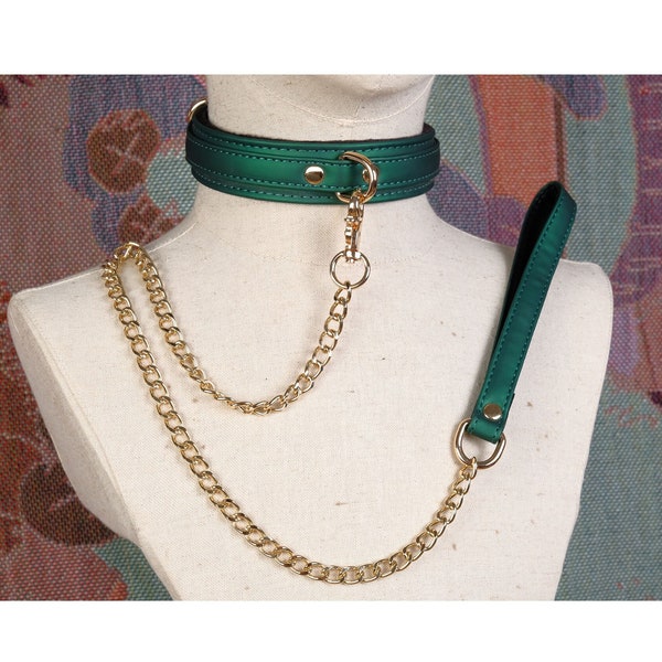 Green collar and leash for woman sub/leather choker/day collar sub discreet/vegan BDSM collar/petplay collar/submissive collar/slave collar