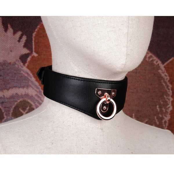 Black vegan leather leather collar for people/men and women leather choker O ring/petplay collar kitten/slave collar sub/submission collar