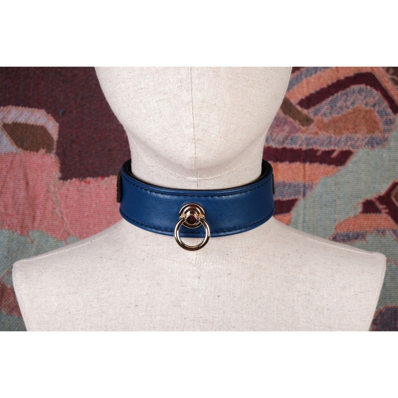 Blue lambskin leather choker necklace with O-ring for women or men/Heavy real leather collar custom/Punk choker/Gothic necklace choker image 1