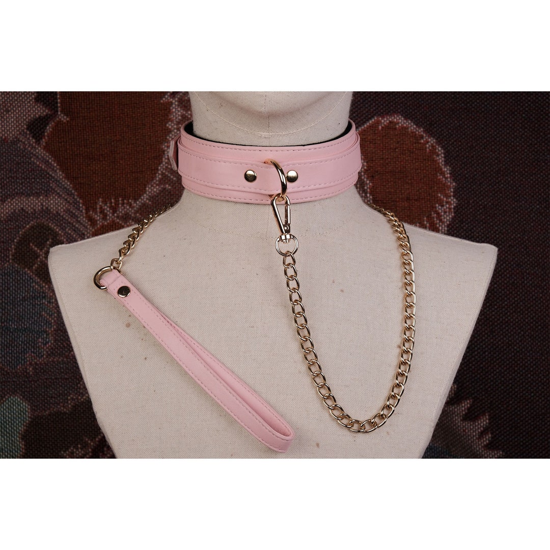 Pink Collar and Leash Chain Set for Woman/pink Vegan Leather Collar