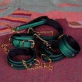 Green leather bondage set/BDSM collar and leash/wrist cuffs/handcuff belt/ankle cuffs/BDSM restraint kit/women fur harness belt/adult Mature product logo