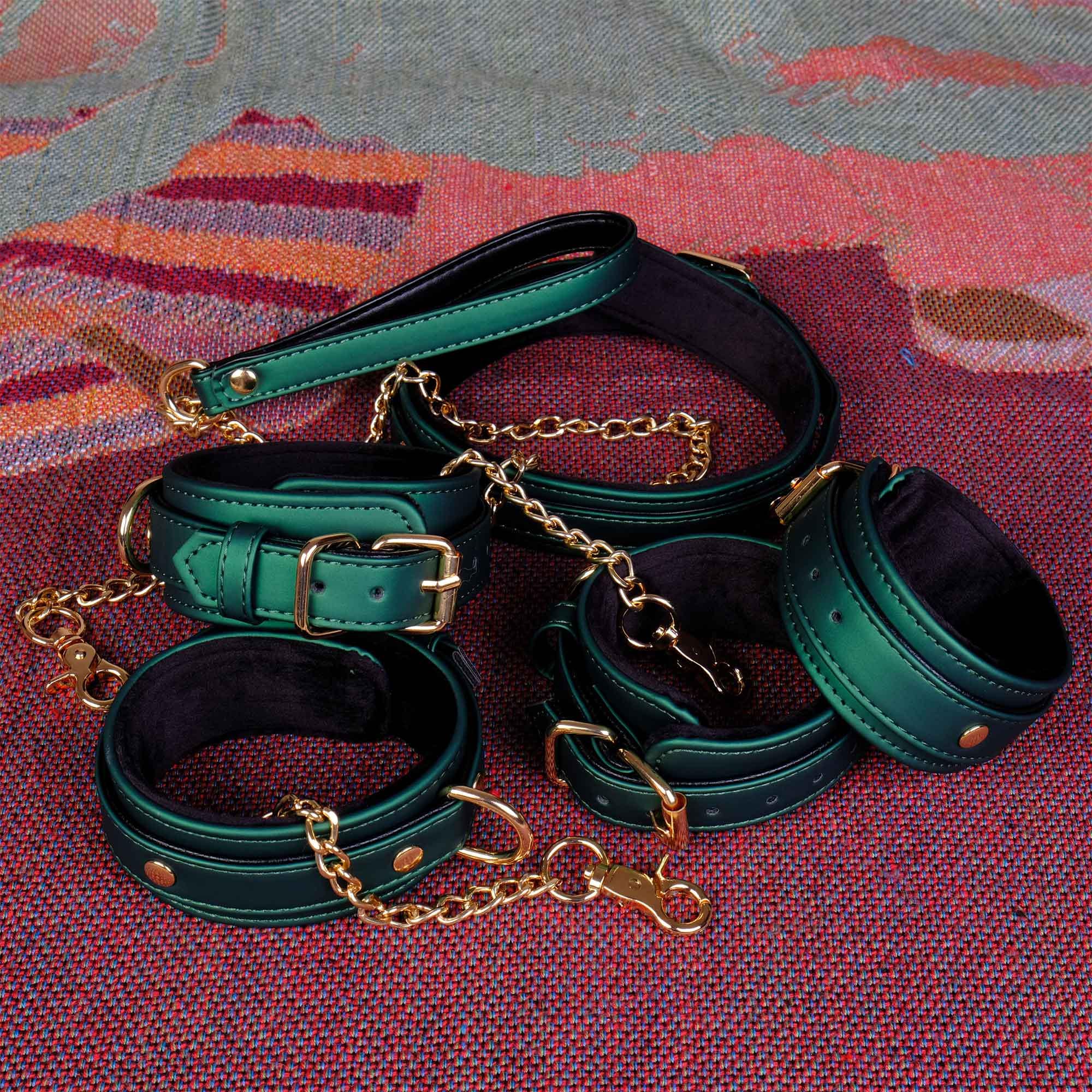 Green leather bondage set/BDSM collar and leash/wrist cuffs/handcuff belt/ankle cuffs/BDSM restraint kit/women fur harness belt/adult Mature