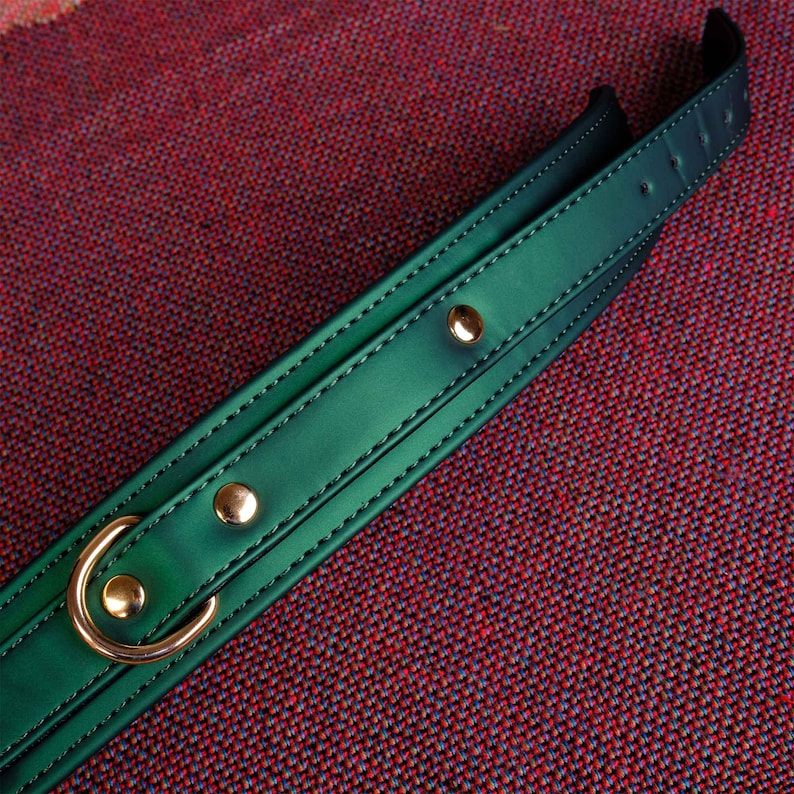 May include: A dark green leather collar with gold metal hardware. The collar has a stitched edge and two gold metal rivets.