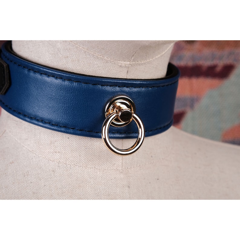 Blue lambskin leather choker necklace with O-ring for women or men/Heavy real leather collar custom/Punk choker/Gothic necklace choker image 4