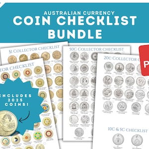 Puede incluir: Un conjunto de listas de verificación de monedas australianas. La imagen muestra varias páginas con ilustraciones de monedas y espacios para marcar. El texto "COIN CHECKLIST BUNDLE" está en la parte superior. Un icono PDF rojo es visible. El texto "INCLUDES 2025 COINS!" también es visible.