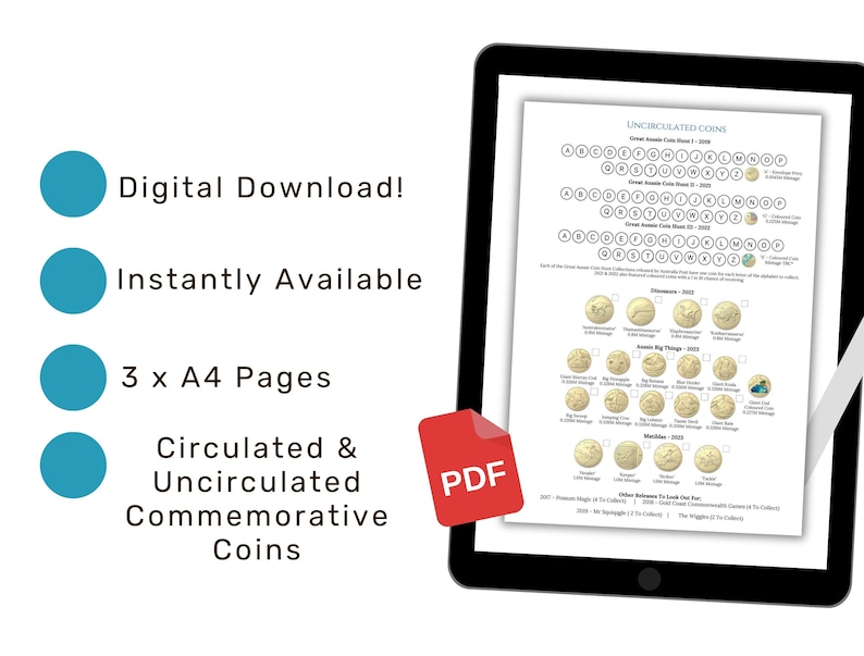 May include: A digital download of three A4 pages featuring a list of uncirculated commemorative coins. The list includes the coin's name, year, and a grid of letters to help collectors identify the coins. The document is labeled "PDF".