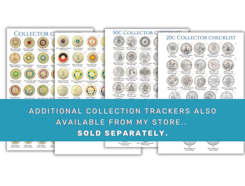 May include: A printable checklist for Australian coin collectors. The checklist includes 20c, 50c, and $1 coins. The checklist is black and white and has a title at the top of each page.