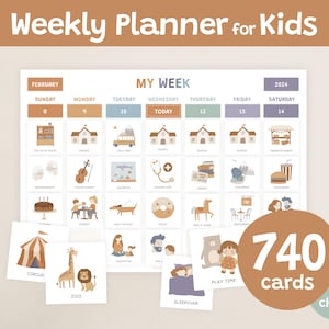 Calendario semanal para niños, planificador semanal editable, calendario de responsabilidades diarias, planificador de educación en el hogar imprimible, tarjetas de rutina para niños pequeños