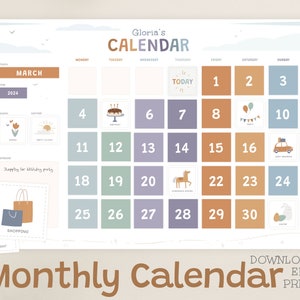 Maandelijkse eeuwigdurende kalender afdrukbaar, peuterplanner, visueel maandelijks schema kinderen, bewerkbare klaskalender, Montessori Homeschool PreK