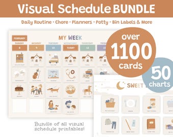 Puede incluir: Un paquete de horarios visuales para niños con más de 1100 tarjetas y 50 gráficos. El paquete incluye una rutina diaria, planificadores de tareas, entrenamiento para ir al baño, etiquetas para contenedores y mucho más. La imagen muestra un ejemplo de horario semanal con ilustraciones de actividades como "levantarse", "cepillarse los dientes" y "jugar con el perro".