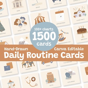 Pode incluir: Um conjunto de cartões ilustrados com temas de rotinas diárias, incluindo tempo em família, aniversário e viagens. Os cartões são desenhados à mão e editáveis no Canva, com mais de 100 gráficos e 1500 cartões. A paleta de cores é suave.