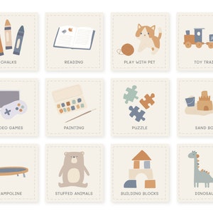 75 Play Activity Flashcards / Printable Routine Cards for Kids / Games, Play, Freetime Activity / Beige