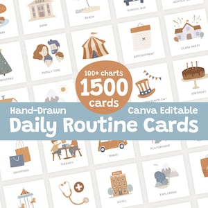 May include: A collection of hand-drawn daily routine cards with various illustrations, including a Christmas tree, a birthday cake, and a family. The cards are Canva editable and feature the text "100+ charts 1500 cards".