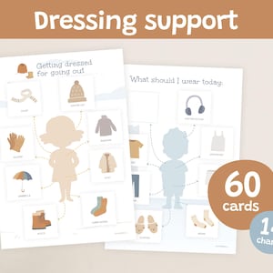 May include: Two printable charts for dressing support. The first chart is titled "Getting dressed for going out" and shows a child's silhouette with various clothing items to be matched. The second chart is titled "What should I wear today?" and shows a child's silhouette with various clothing items to be matched. The charts are part of a set of 60 cards and 14 charts.
