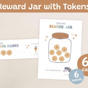 Peut inclure: Un système de récompense avec un bocal et un tableau de jetons avec le texte "Reward Jar with Tokens". L'illustration du bocal contient des jetons en forme d'étoile. Comprend 60 cartes et 6 tableaux. Le texte "Gloria's" est visible.
