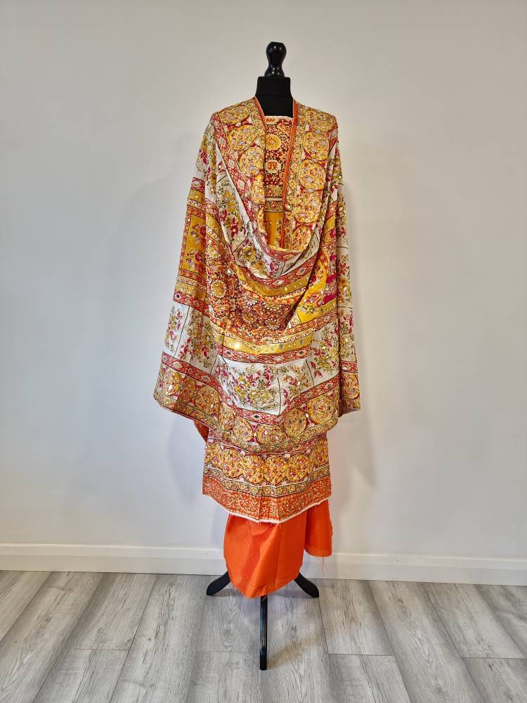 Mirror Embellished Cotton Suit Dupatta with Schiffli Laces & Reverse Tropical Print
