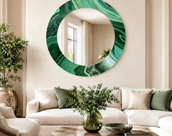 Emerald Green Marble Round Glass Mirror: Luxury Swirl Pattern, Elegant Modern Decorative Wall Accent,UV Printed Design Mirror