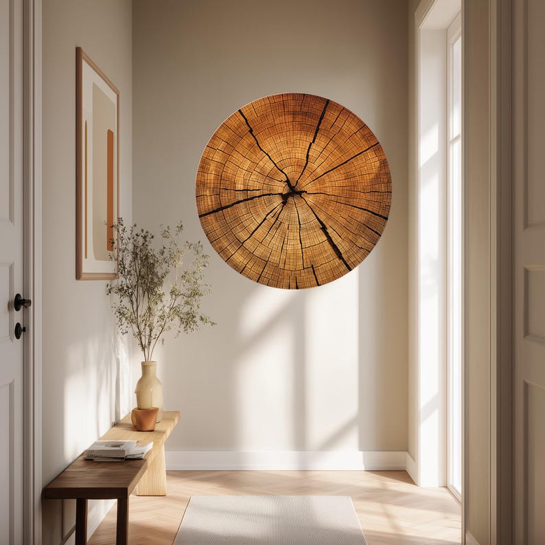 May include: A large, round wooden wall art piece with a detailed cross-section design. The artwork features concentric rings and cracks, showcasing the natural grain and texture of the wood. The warm brown tones create a rustic and natural aesthetic.