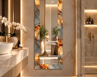 Narrow Wall Mirror: Amber Gold Veins, White Gray Marble Design, Modern Rectangular Luxury Decor,UV Printed Design Mirror
