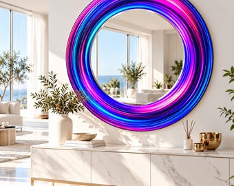 Neon Pink Blue Purple Round Glass Mirror: Vibrant Circular Rings, Modern Luxury Decorative Wall Art,UV Printed Design Mirror