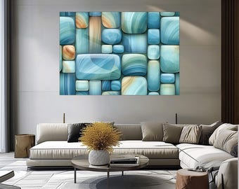Abstract Aqua Glass Wall Art, Turquoise Blue Geometric Stones, Modern Mosaic Luxury Rectangular Decor,UV Printed Design