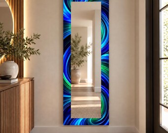 Abstract Blue Green Narrow Wall Mirror: Turquoise Swirl Waves, Modern Rectangular Luxury Artistic Decor,UV Printed Design Mirror