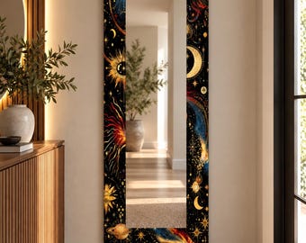 Celestial Narrow Wall Mirror: Black Gold Moon Stars, Mystical Sun Design, Rectangular Luxury Decor,UV Printed Design Mirror