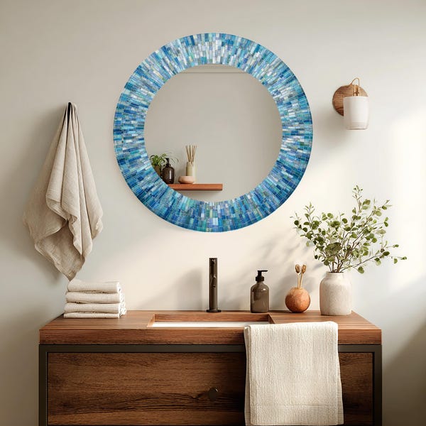 Mosaic Round Mirror: Turquoise Glass Frame, Ocean Inspired Wall Accent, UV Printed Design Mirror