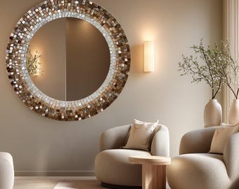 Mosaic Round Glass Mirror: Bronze Gold Tiles, Geometric Shimmer Pattern, Elegant Modern Luxury Wall Decor,UV Printed Design Mirror