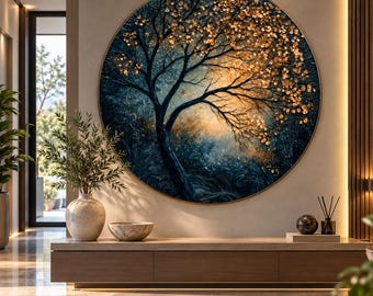 Golden Autumn Tree Round Glass Wall Art: Dark Blue Forest Landscape, Elegant Botanical Design,UV Printed Design