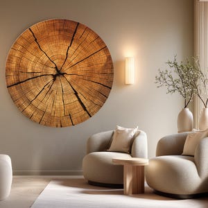 May include: A large, round wooden wall art piece resembling a cross-section of a tree trunk. The artwork features concentric rings and dark cracks, showcasing the natural grain and texture of the wood. The piece is mounted on a neutral-colored wall.