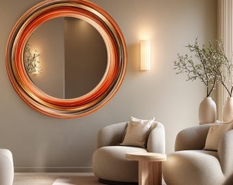 Orange Copper Round Glass Mirror: Abstract Circular Swirl Design, Bronze Gold Rings, Modern Luxury Wall Decor,UV Printed Design Mirror