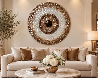Gold Bronze Mosaic Round Glass Wall Art: Pearl White Geometric Pattern, Elegant Luxury Decor,UV Printed Design