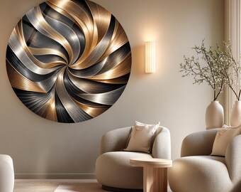 May include: A large circular wall art piece featuring a swirling, abstract pattern of metallic gold, silver, and black ribbons that radiate from a central point, creating a sense of depth and movement through its reflective, brushed texture.
