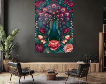 Peacock Floral Glass Wall Art, Teal Pink Feathers, Botanical Flowers, Luxury Rectangular Decorative Panel,UV Printed Design