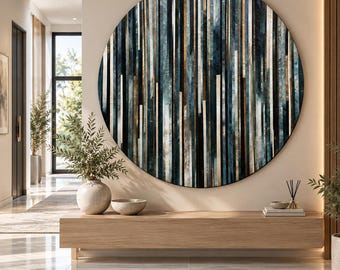 Abstract Blue Gold Stripes: Round Glass Wall Art, Geometric Vertical Lines, Modern Luxury Decor,UV Printed Design