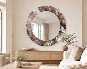 Brown Marble Round Glass Mirror: Elegant Beige Crystal Pattern, Luxury Modern Decorative Wall Art,UV Printed Design Mirror