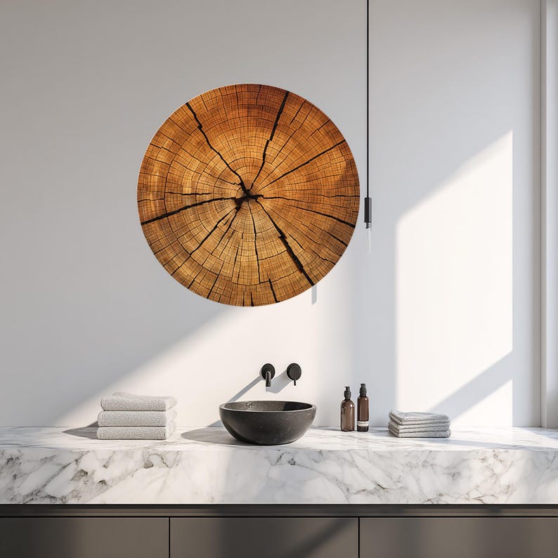 May include: A large, round wooden wall art piece with a cross-section design, showcasing concentric rings and cracks in shades of brown and tan. The artwork hangs above a bathroom vanity with a black sink, towels, and toiletries.