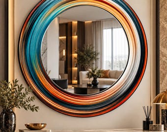 Turquoise Orange Round Glass Mirror: Abstract Swirl Design,Blue Black White Circular Lines,Modern Luxury Wall Decor,UV Printed Design Mirror