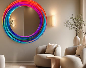 Rainbow Neon Round Glass Mirror: Vibrant Pink Blue Purple Rings, Modern Colorful Decorative Wall Art,UV Printed Design Mirror