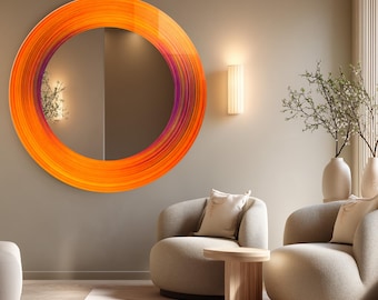 Abstract Orange Gradient Mirror Frame: Neon Circular Glow Wall Decor, UV Printed Design Mirror